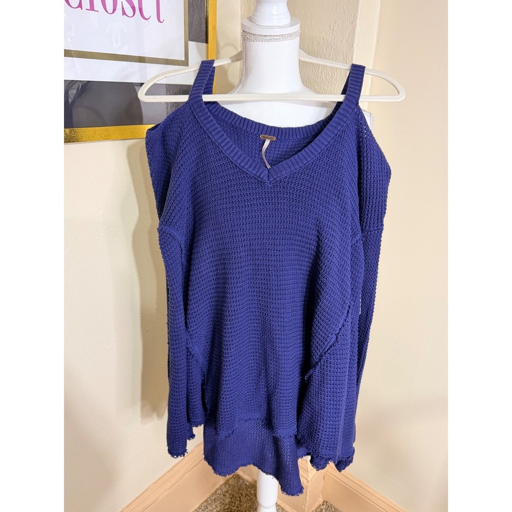 Free People Atlantic‎ Blue Cold Shoulder Waffle Knit Sweater Distressed V-Neck M